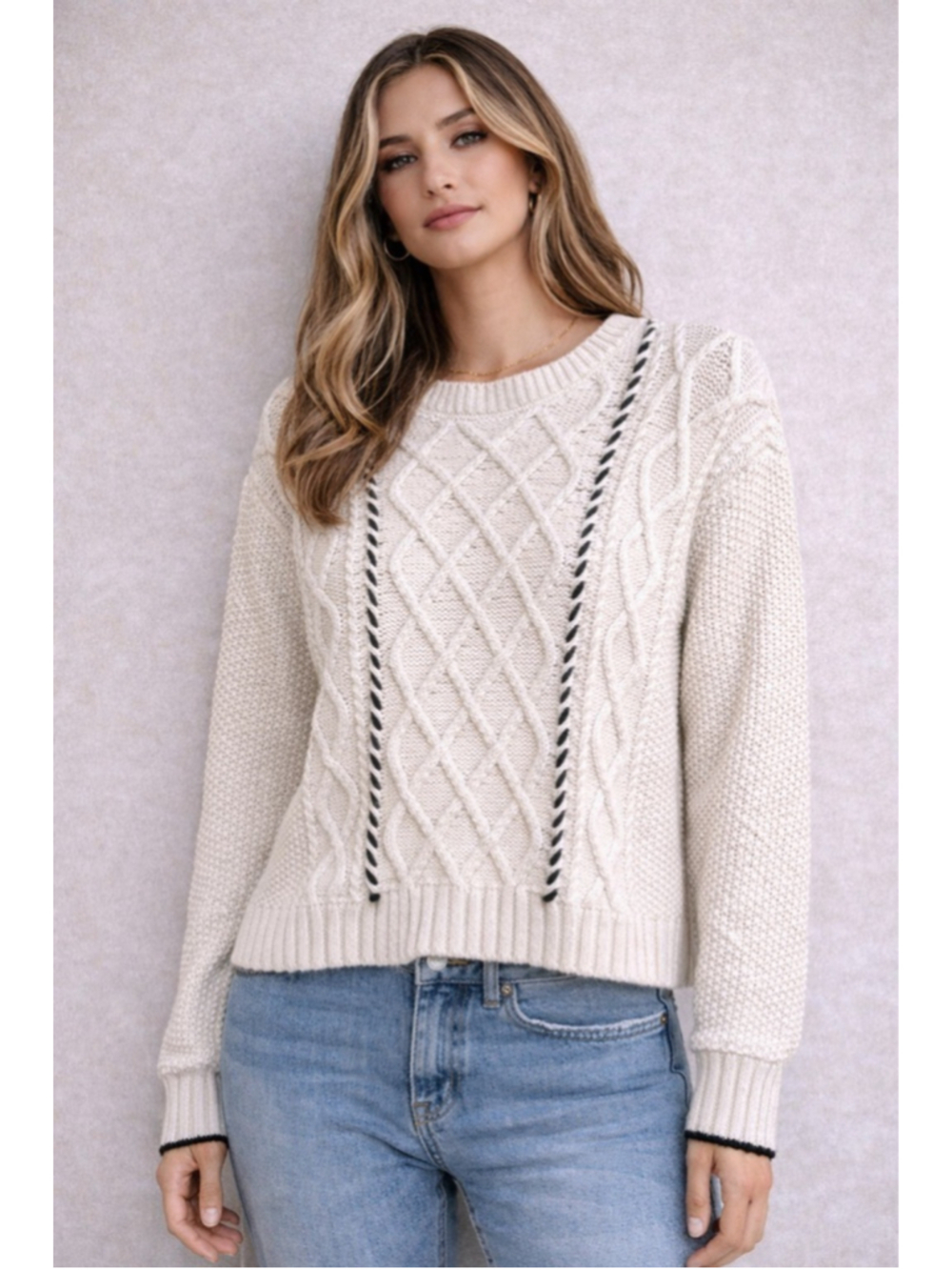 La Ligne x Target Cable Knit Sweater Large Cream Black Whipstitch Stripe Preppy